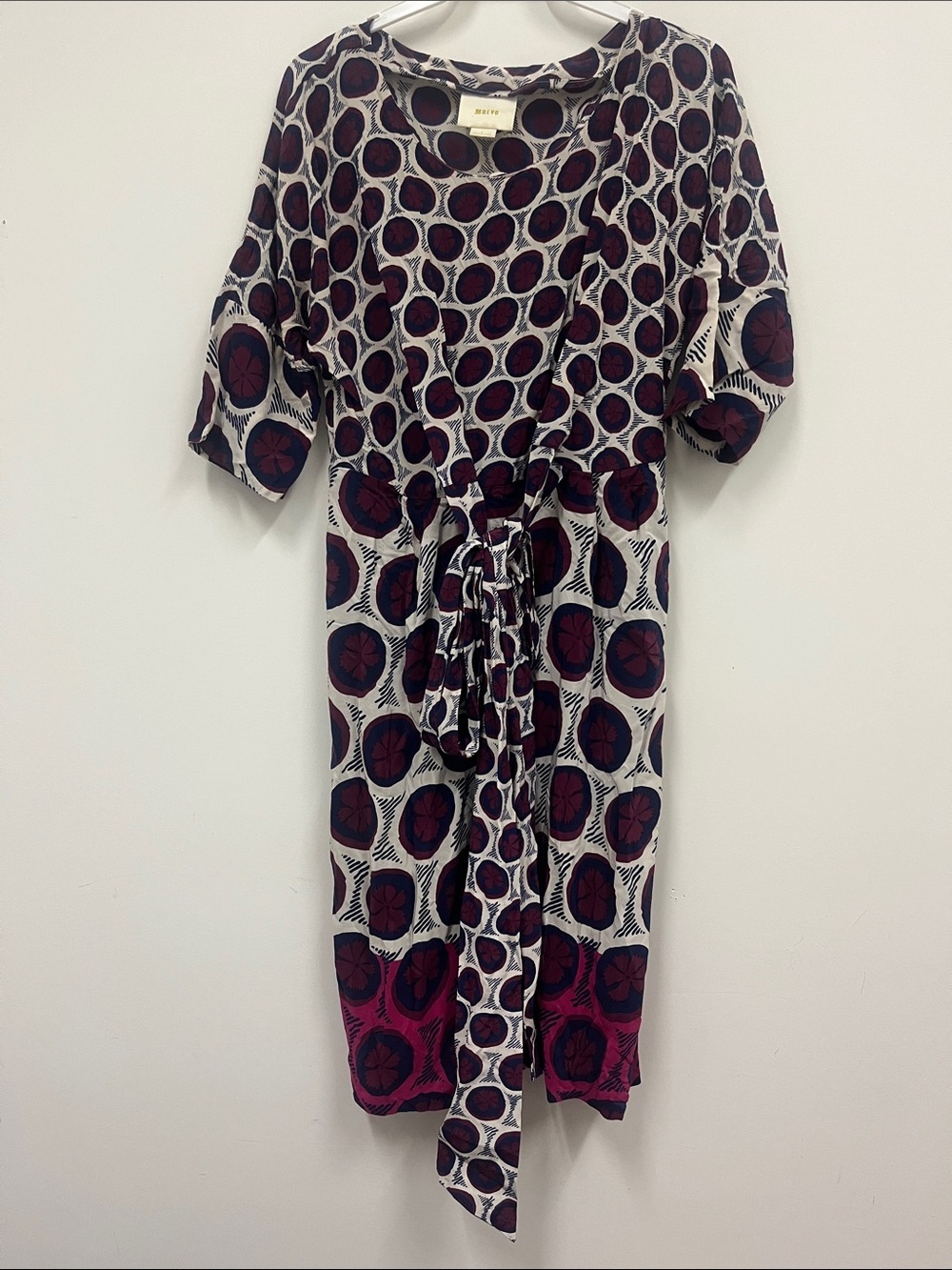 Maeve 100% silk  Dress with Ivory, Burgundy & Navy Circular Print size 2